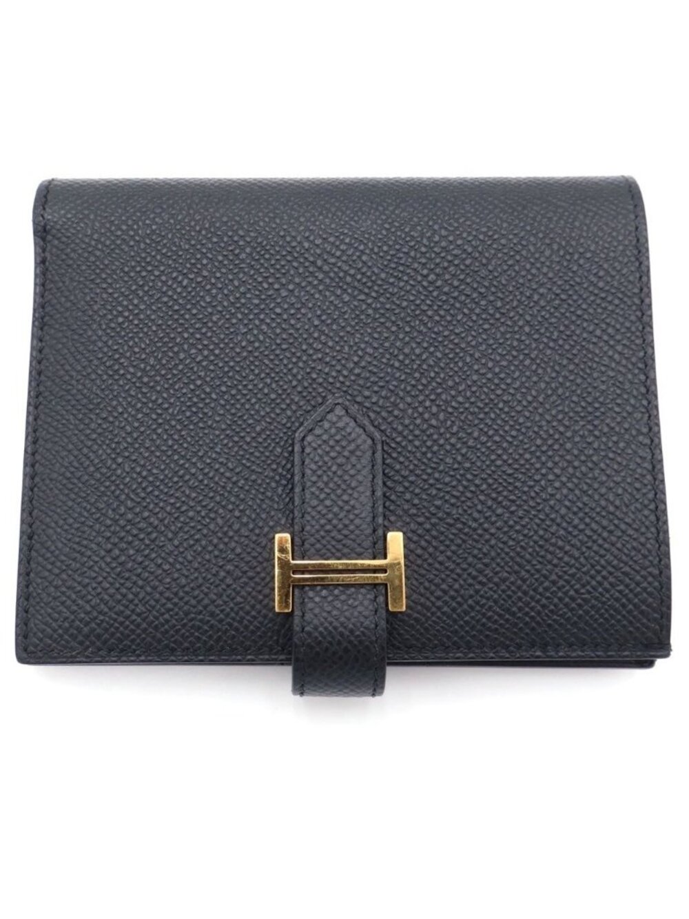 Hermes Bearn Compact Leather Wallet Bifold Gold Black